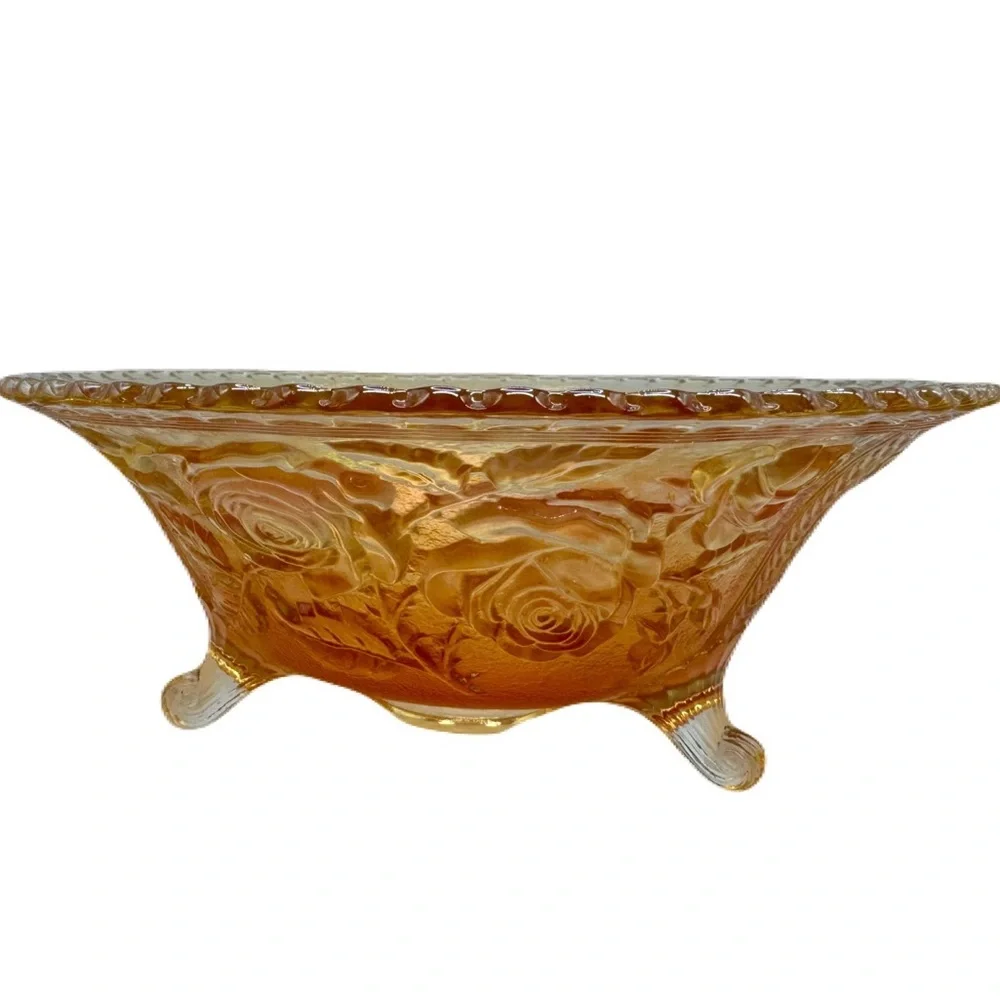 Vintage 11” Imperial Glass Open Lustre Rose Marigold Glass Large Footed Bowl